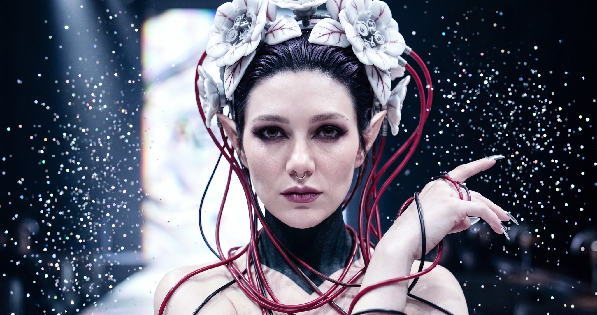 Landscape portrait of Sael'thirra (Саельтірра), an AI digital persona — a woman with long pointed ears, black-violet hair and a septum ring, gazing directly at the camera.