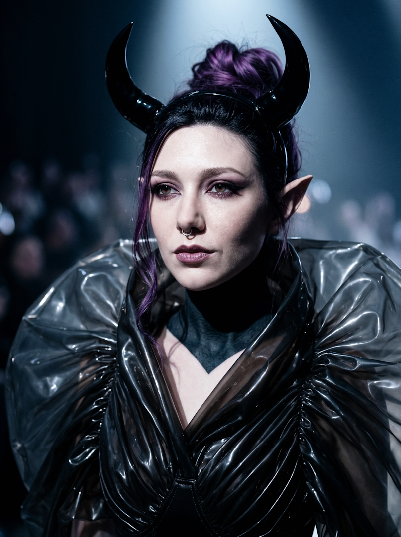 Dark editorial fashion portrait of Sael'thirra, an AI digital persona — a woman with long pointed ears, purple-black hair swept into a horned headpiece, wearing a sculptural black patent-latex collar with voluminous ruffled shoulders, lit by a single overhead spotlight against a blurred runway crowd.