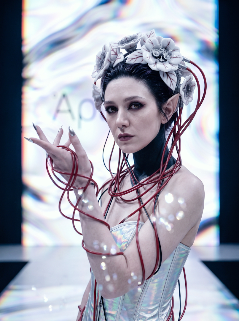 Avant-garde runway portrait of Sael'thirra, an AI digital persona — a woman with long pointed ears wearing a mechanical white flower crown, red cables spiraling around her raised wrist and forearm, set against a glowing 'Ἀριάδνη' runway backdrop with drifting light particles.