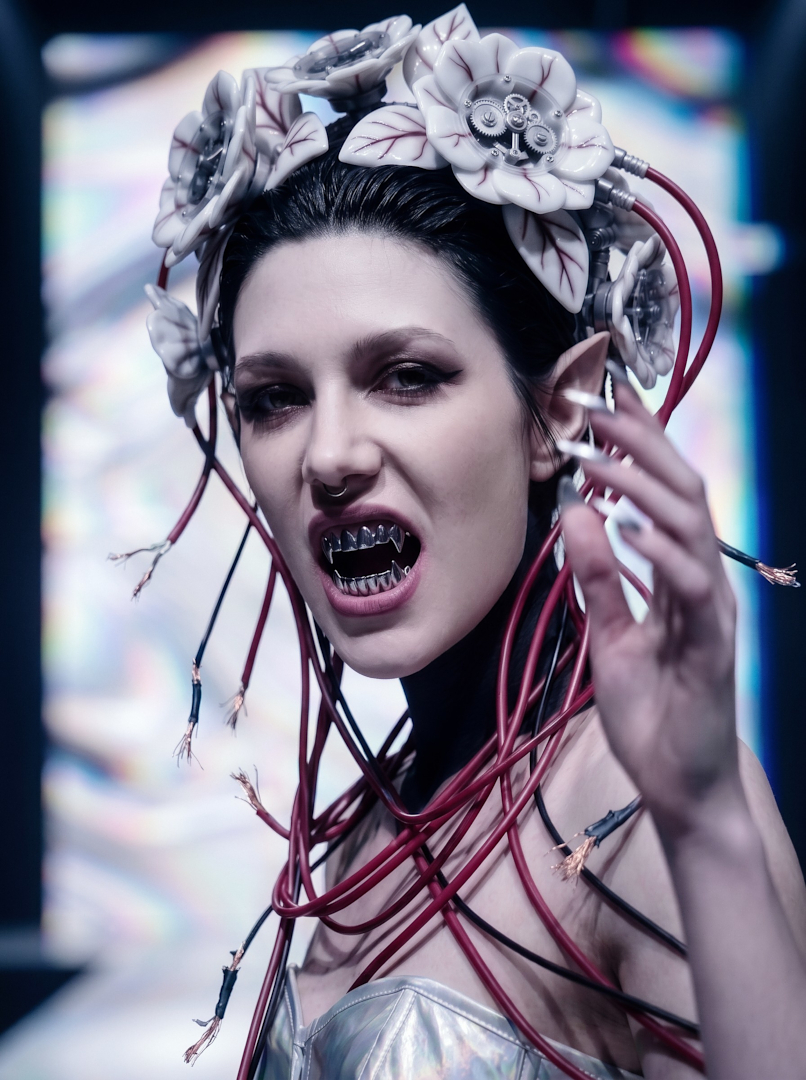 Close-up editorial portrait of Sael'thirra, an AI digital persona — a woman with long pointed ears baring metallic fang grillz, mechanical white flower crown wired with frayed red and black cable ends draped across her shoulders.